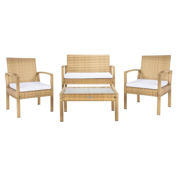 SAFAVIEH Bassey Natural 4-Piece Wicker Patio Conversation Set with White Cushions