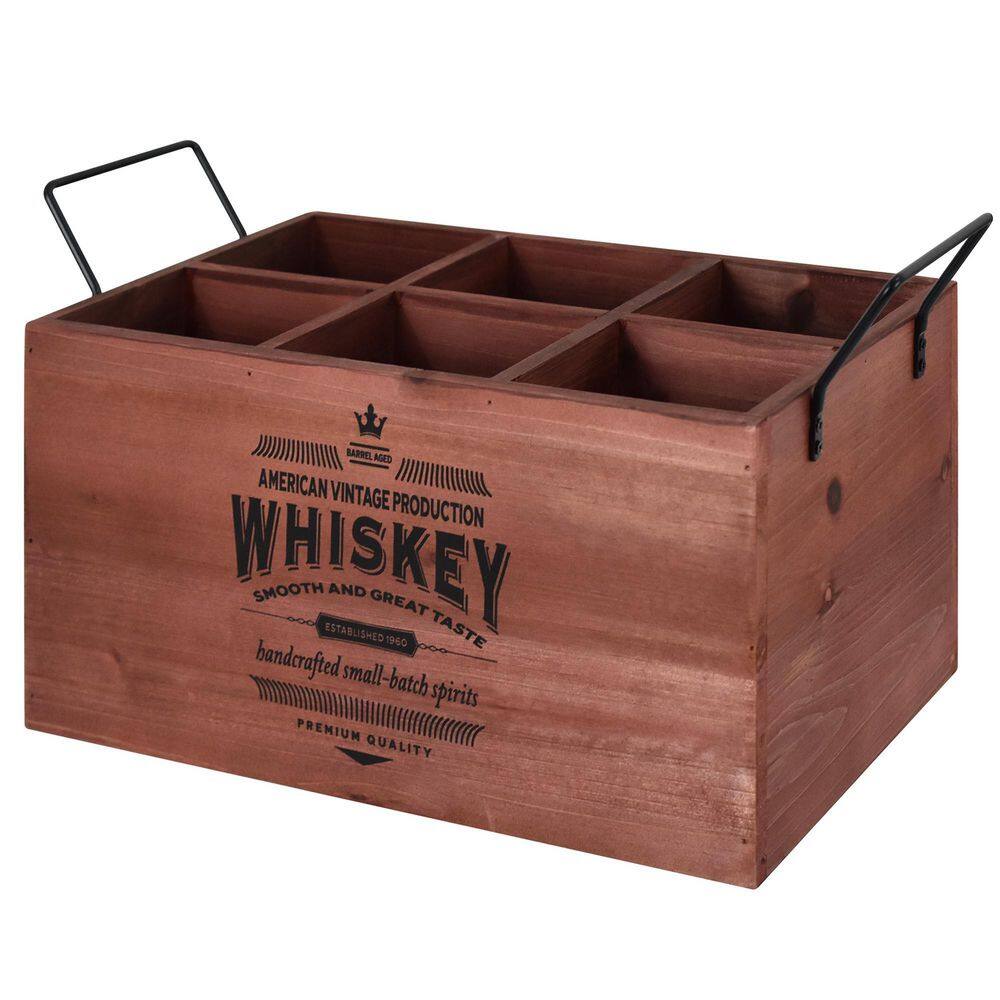 The Whiskey Wood Crate Bottle Holder-Natural 6-Bottle Rustic Storage Box with Metal Handles, Liquor Crate