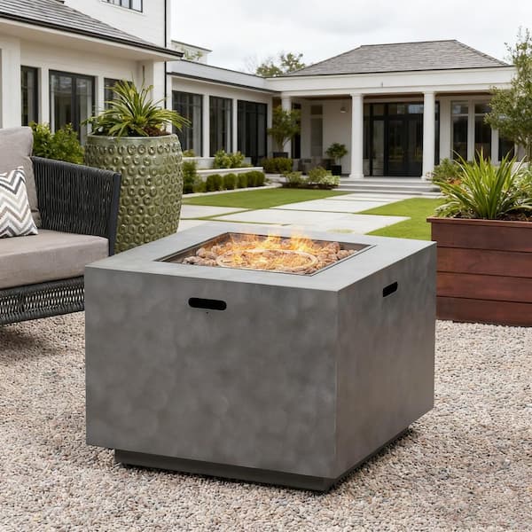 31 in. 50000 BTU Iron Outdoor Square Fire Pit with Tank Space in Stone Gray