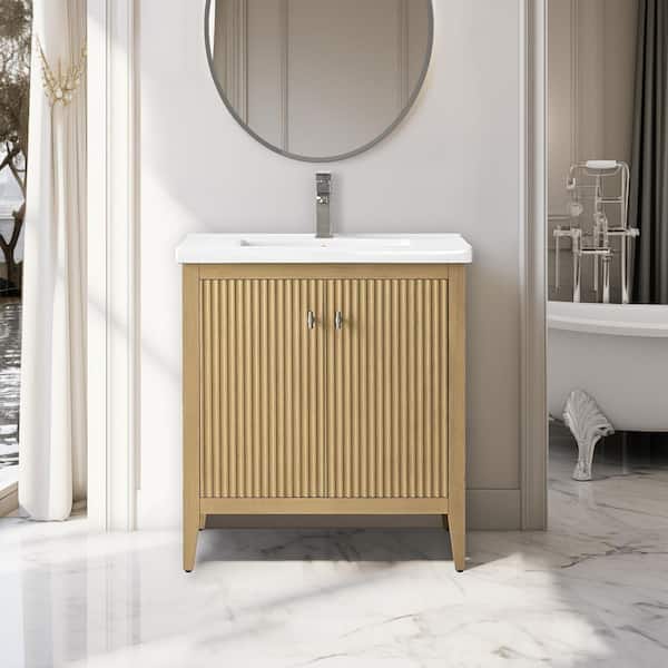 Vanity Art 30 in. W x 18.5 in. D x 34 in. H Single Sink Linear Natural Oak Bath Vanity Cabinet with White Ceramic Top