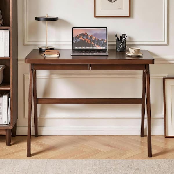 39.37 in. W Rectangle Walnut Solid Wood Writing Desk with 2-Drawers