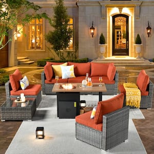 Daffodil B Gray 8-Piece Wicker Patio Storage Fire Pit Conversation Sofa Set with Orange Red Cushions