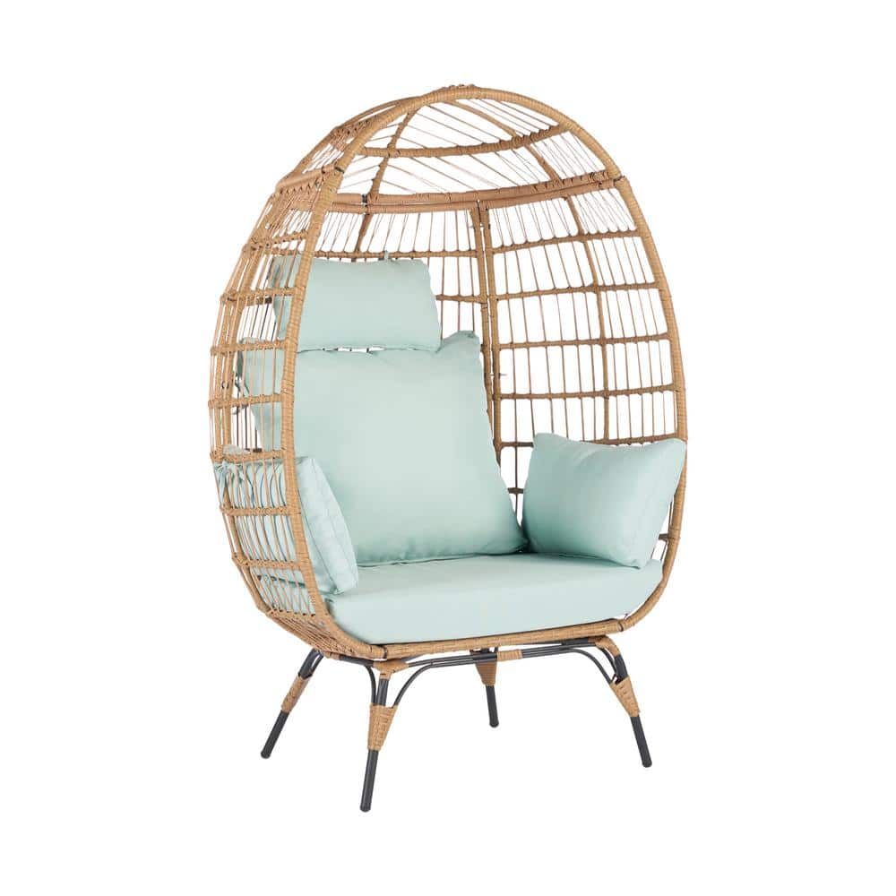 39 in. ft. Single Brown Metal Patio Swing without Umbrella with Blue Cushio