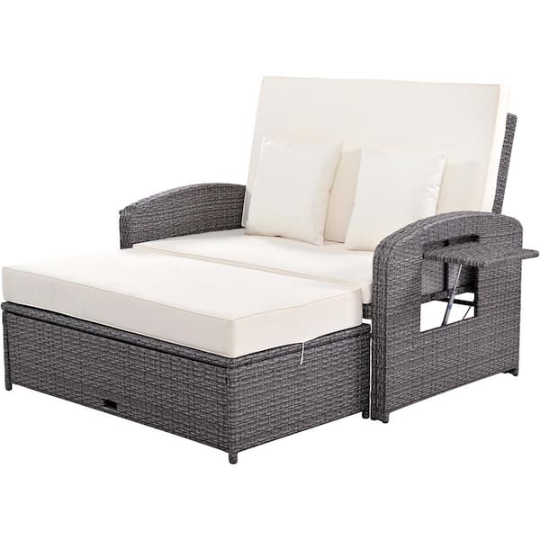 Unbranded Gray Wicker Adjustable Outdoor Chaise Lounge Patio Reclining Sofa Sunbed Day Bed with White Cushions