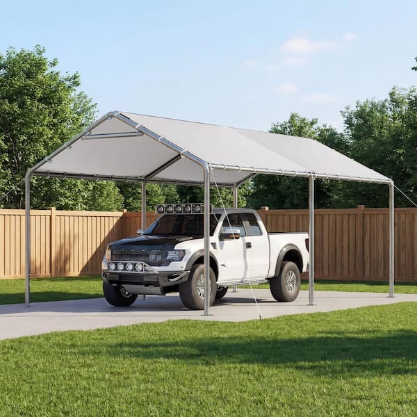 10 ft. W x 20 ft. D White Soft Top Carport with Steel Frame, Ideal for Outdoor Vehicle Protection