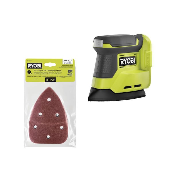 RYOBI ONE+ 18V Cordless Corner Cat Finish Sander (Tool Only) with 9-Piece 5-1/2 in. Corner Cat Sand Paper Assortment