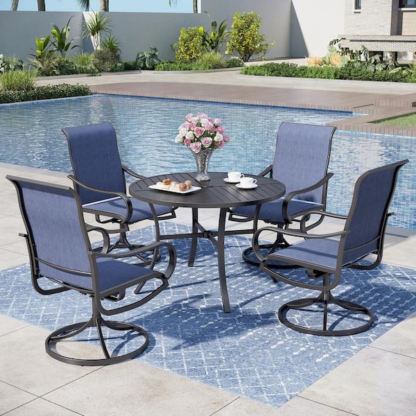 PHI VILLA Black 5-Piece Metal Outdoor Dining Set with Round Table and Textilene Swivel Chairs