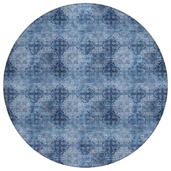 Navy Blue 8 ft. x 8 ft. Woven Floral;Medallion Polyester Round Indoor / Outdoor Area Rug