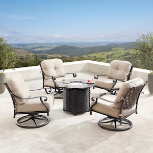 Finland Luxurious Antique Copper 5-Piece Aluminum Patio Fire Pit Deep Seating Set with Tan Beige Cushions