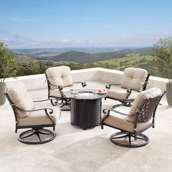 Oakland Living Finland Luxurious Antique Copper 5-Piece Aluminum Patio Fire Pit Deep Seating Set with Tan Beige Cushions