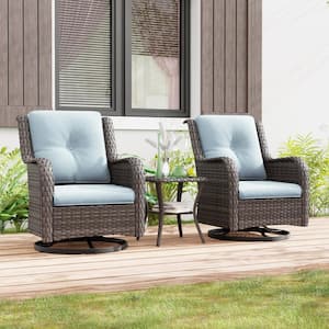 3-Piece Wicker Swivel Outdoor Rocking Chairs Patio Conversation Set with Baby Blue Cushions