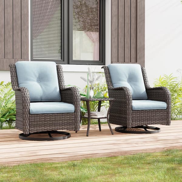 Gardenbee 3-Piece Wicker Swivel Outdoor Rocking Chairs Patio Conversation Set with Baby Blue Cushions