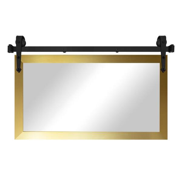 (54 in. W x 33 in. H) Gold Modern Rustic Mirror with Steel Barn Door Rail