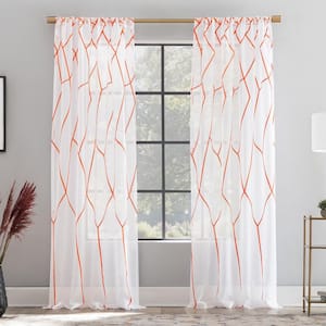 Azlan Geometric Embroidery 50 in. W x 96 in. L Sheer Rod Pocket Curtain Panel in Orange -