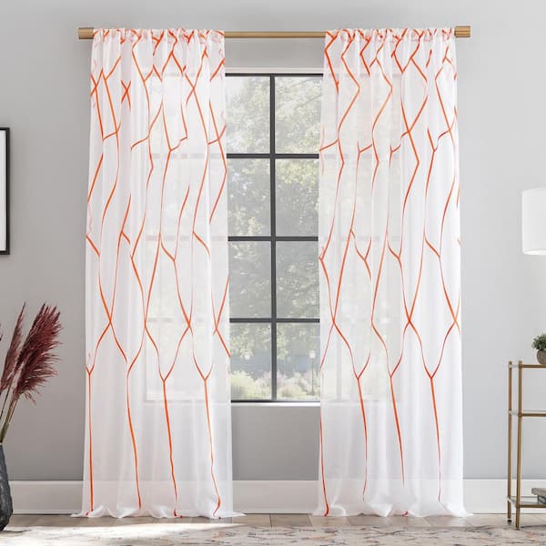 SCOTT LIVING Azlan Geometric Embroidery 50 in. W x 96 in. L Sheer Rod Pocket Curtain Panel in Orange -