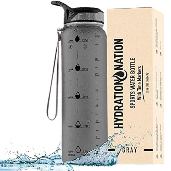 32 oz. Tritan Plastic Water Bottle with Time Marker - Gray HN-WTR