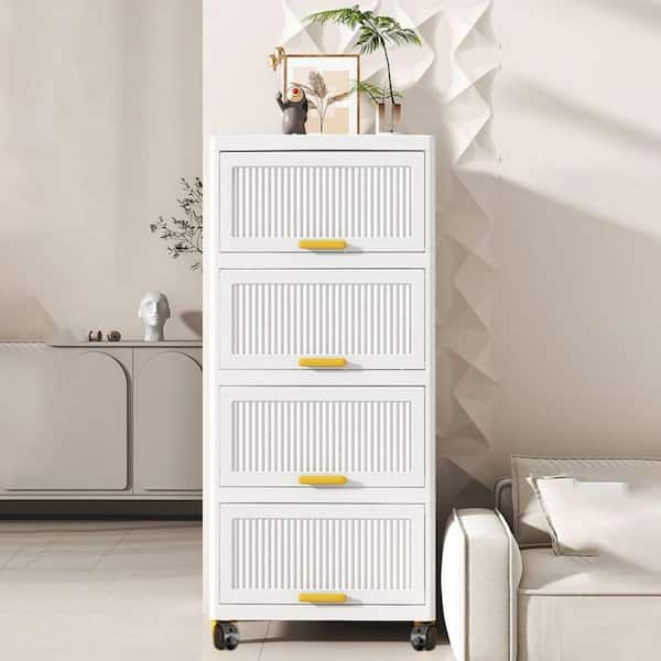 4-Layers Flip Open Storage Box With Wheels, Movable Storage Cabinet, Kitchen Shelf, Movable Storage Box in White