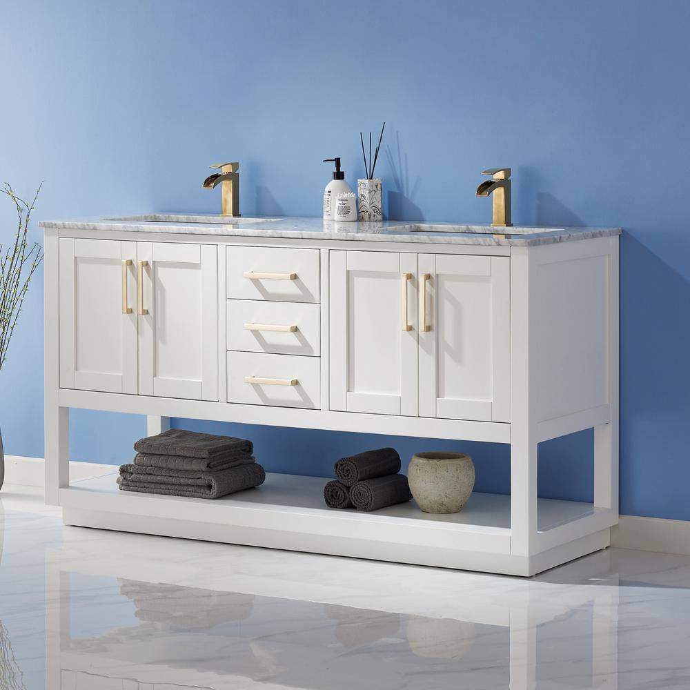 Remi 60" White Marble Double Vanity with Gold Hardware