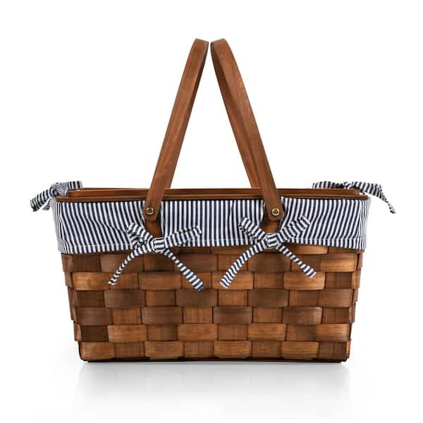 Picnic Time Kansas Handwoven Wood Picnic Basket, Navy Blue & White Stripe