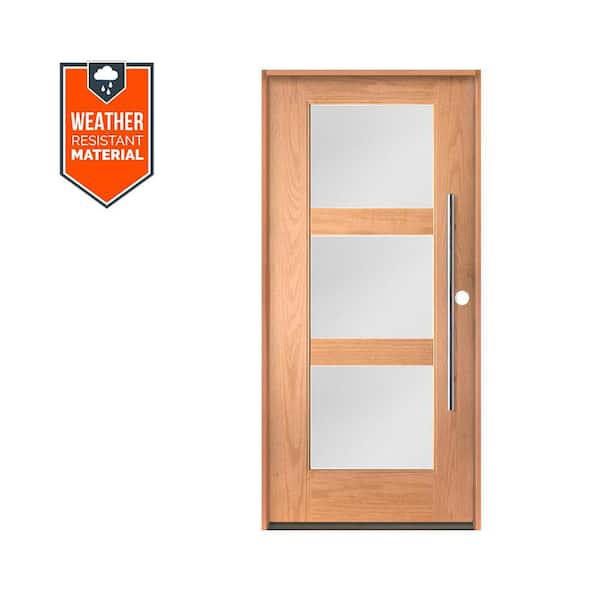 BRIGHTON Modern Faux Pivot 36 in. x 79 in. 3-Lite Left-Hand/Inswing Satin Glass Teak Stain Fiberglass Prehung Front Door