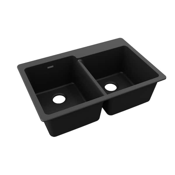 45 Black Quartz Kitchen Sink Double Bowl Drop-In Sink with Drain