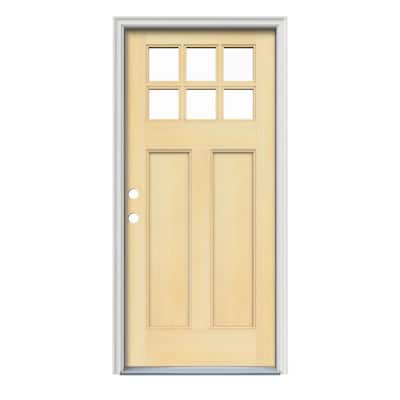 36 in. x 80 in. Craftsman 6-Lite Unfinished Hemlock Prehung Front Door with Unfinished AuraLast Jamb and Brickmould