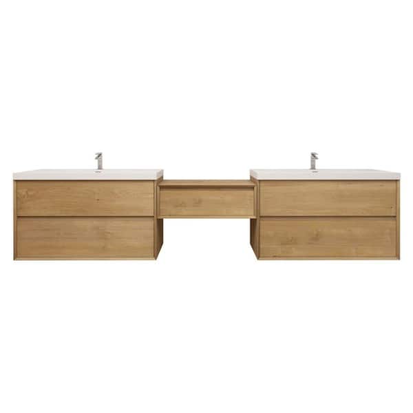 Kingdee 112 in. W x 20 in. D x 26 in. H Double Sink Middle Table Counter Bath Vanity in Teak Oak with White Acrylic Top