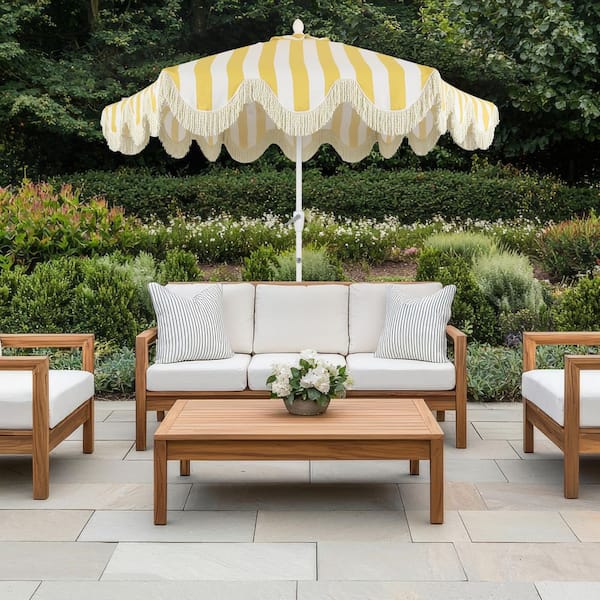 classic patio umbrellas JONATHAN Y Collins 9 ft. Classic Cottage Fringe Tassel Market Patio  Umbrella in Mustard Yellow and White Stripe/Cream, White Pole UMB1001P