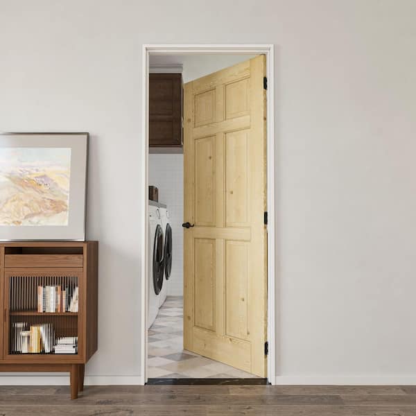 28 in. x 80 in. 6-Panel Right Solid Core Unfinished Pine Wood Single Prehung Interior Door Plus Quick Assemble Pine Jamb