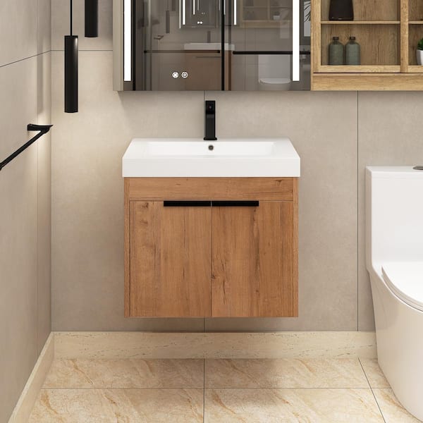 Staykiwi 24 in. W x 18.5 in. D x 22 in. H Single Sink Wall-Mounted Bath Vanity in Imitative Oak with White Culture Marble Top