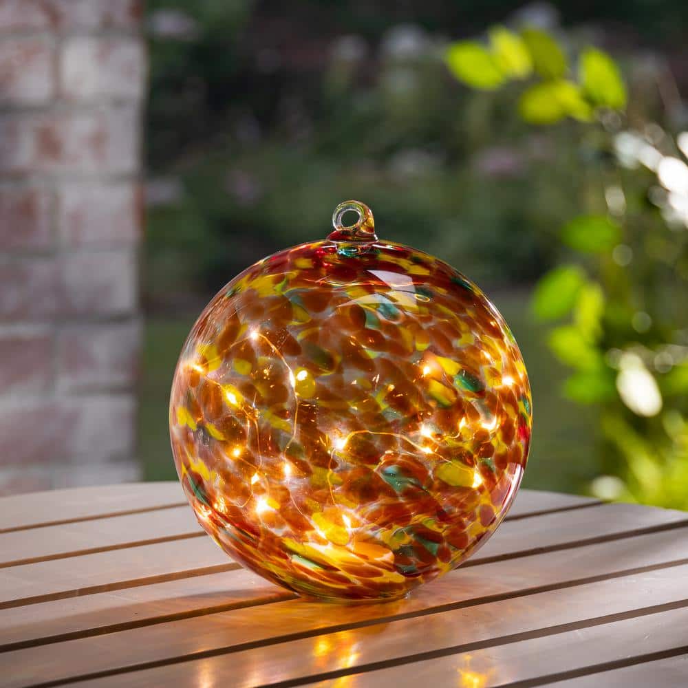 8-inch Amber and Gold Handblown Glass Solar Light Sphere
