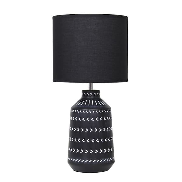 16.93 Boho Ceramic Table Lamp, Black Patterned Base for Bedroom or Entryway