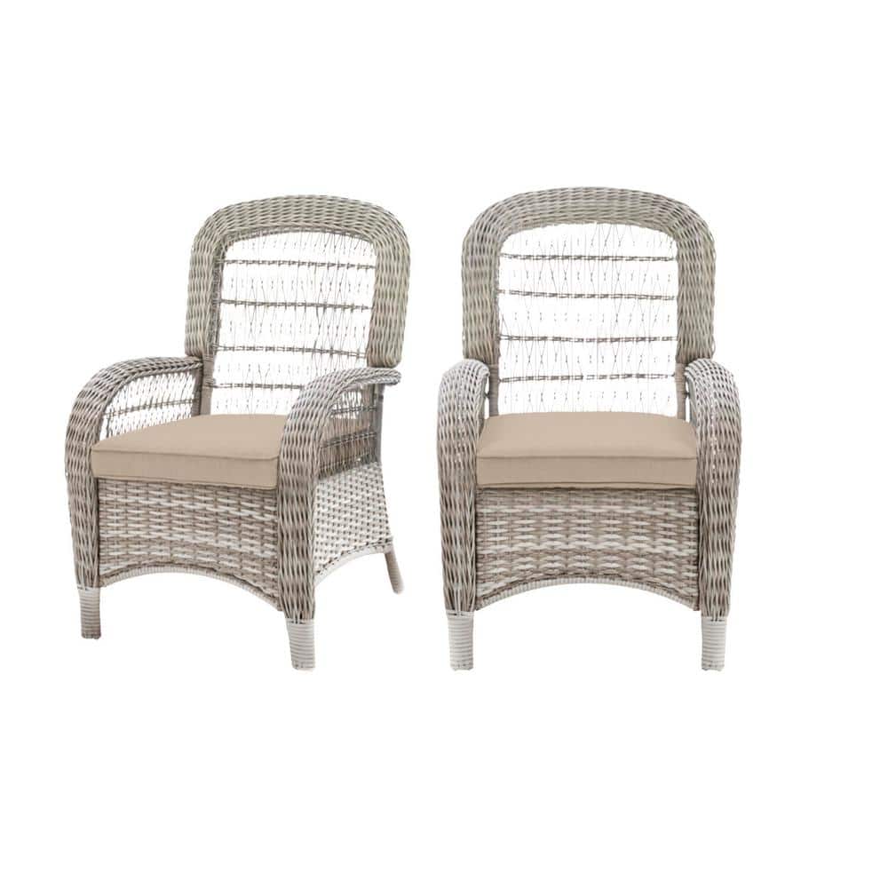 Hampton Bay Beacon Park Gray Wicker Outdoor Patio Captain Dining Chair with CushionGuard Putty Tan Cushions (2-Pack) -  H021-01202400