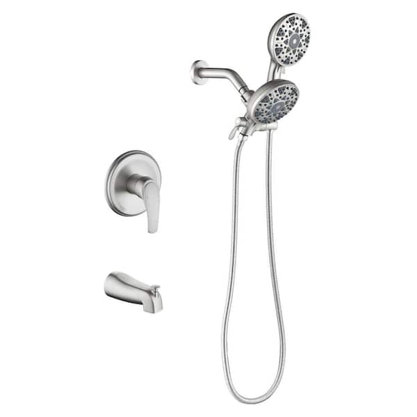 FLG Single Handle 6-Spray Tub and Shower Faucet 1.8 GPM Wall Mount Dual Head Shower System in. Brushed Nickel Valve Included