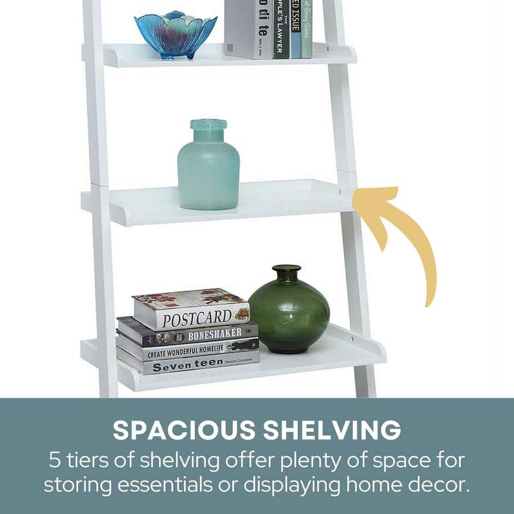 White Wooden Leaning Bookshelf Ladder with Five Shelves