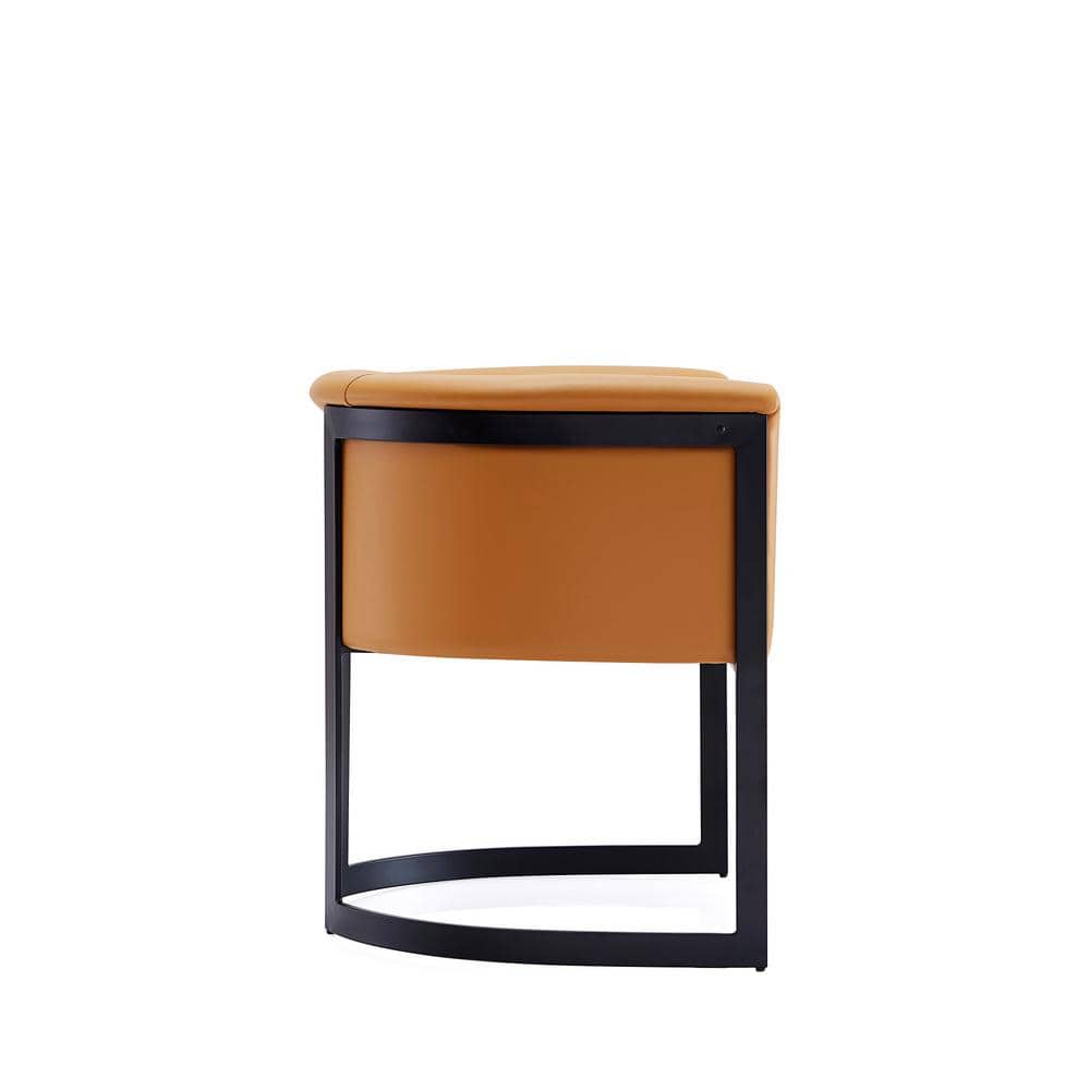Tan Faux Leather Barrel Dining Chair with Black Metal Frame
