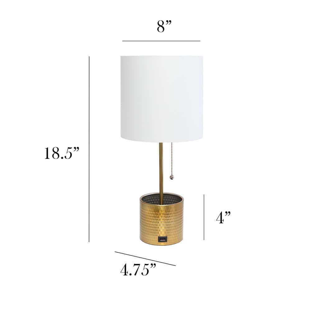Gold Hammered Metal Nightstand Lamp with White Fabric Shade and USB Port