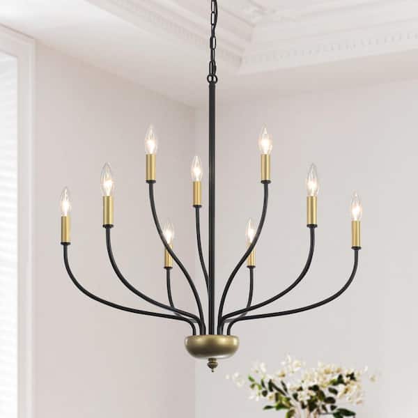 9-Light Black and Gold Classic 2-Tier Candlestick Linear Chandelier Lighting Fixture for Kitchen Island