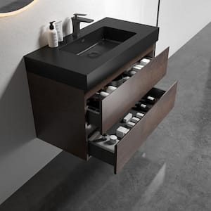 35.8 in. W x 18.1 in. D x 25.2 in. H Single Sink Floating Bath Vanity in Rose Wood with Black Basin Solid Surface Top