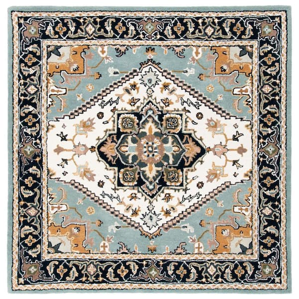 Heritage 10 ft. x 10 ft. Gray/Green Border Floral Medallion Square Area Rug