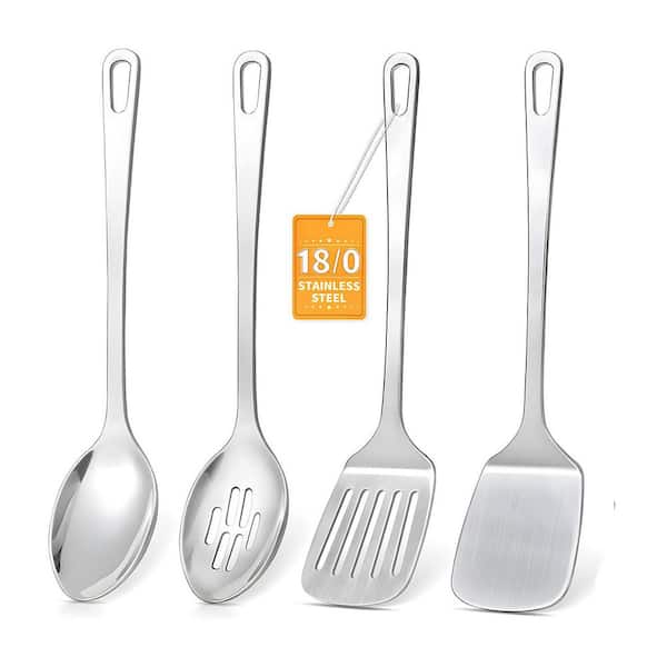 Stainless Steel Silver Heat Resistant Cooking Utensils Set Ergonomic Handle Easy Clean Kitchen Accessory 4-Pieces