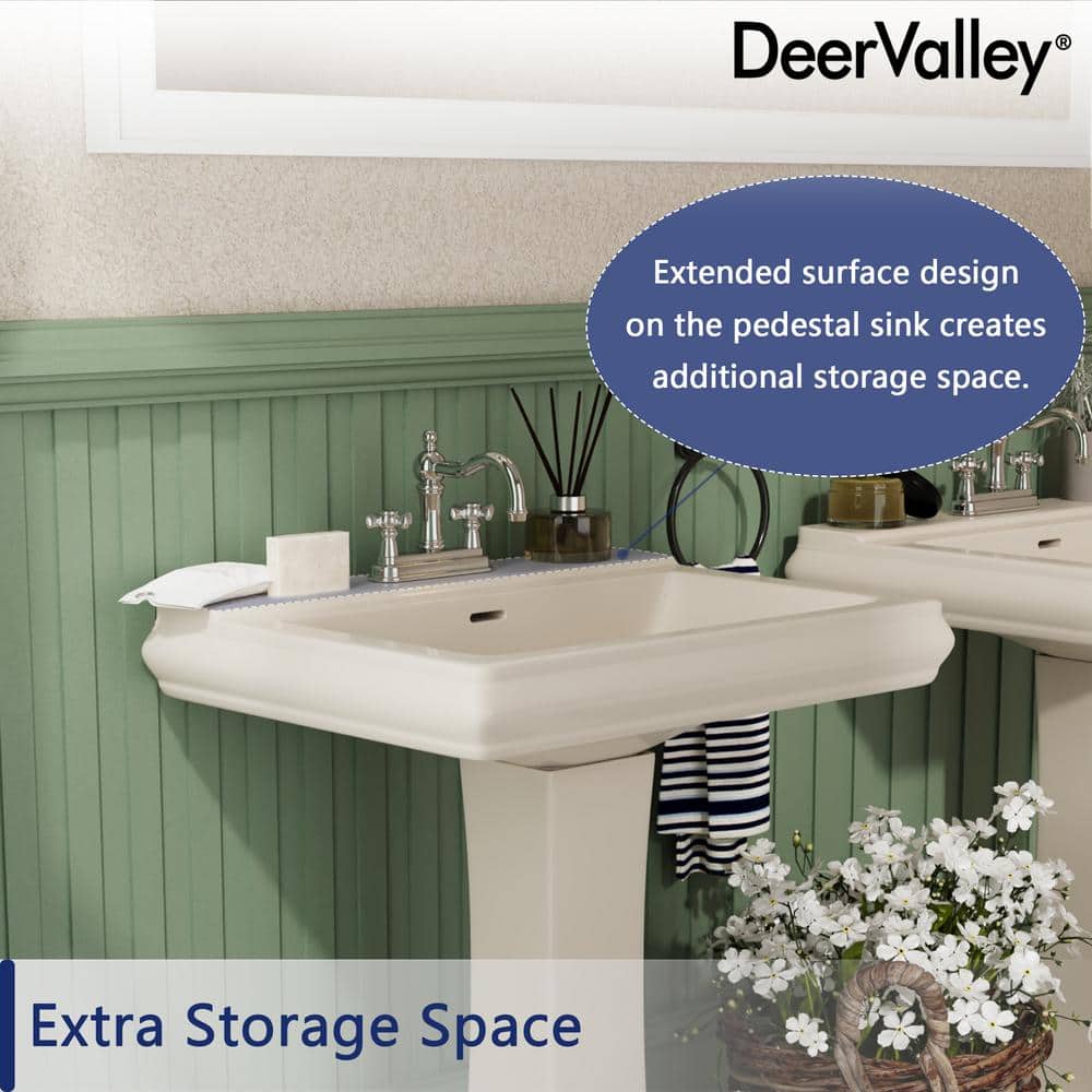 Bone Ceramic Rectangular Pedestal Bathroom Sink with Triple Faucet Holes