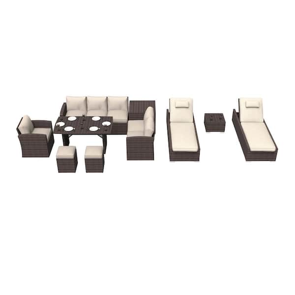 moda furnishings Ivy Bright 10-Piece Wicker Patio Conversation Set with Beige Cushions