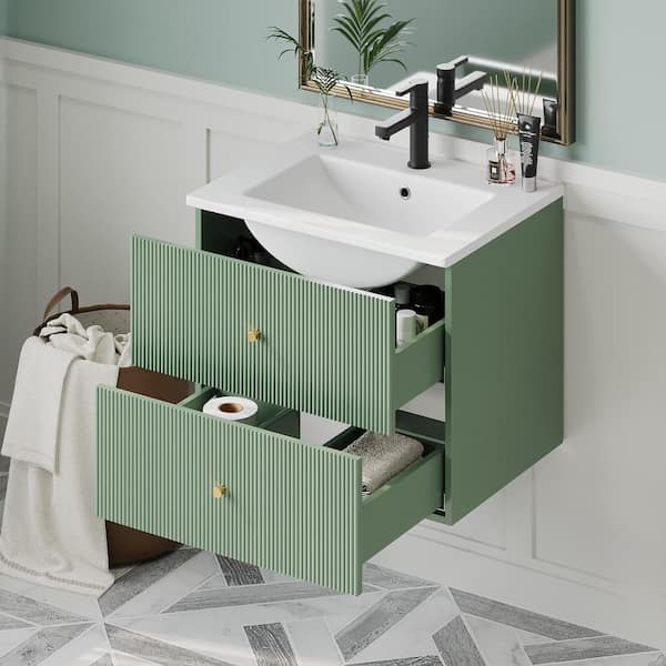 24 in. W x 18.1 in. D x 20.3 in. H Single Sink Wall Mounted Bath Vanity in Green with White Ceramic Top and 2 Drawers