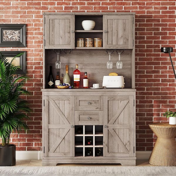 47 in. W x 16 in. D x 74 in. H Brown Linen Cabinet, Coffee Bar Cabinet Kitchen Cabinet, Farmhouse Wine Cabinet