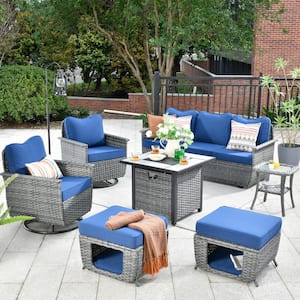Echo Black 7-Piece Wicker Pet-Friendly Fire Pit Patio Conversation Sofa Set with Swivel Chairs and Navy Blue Cushions