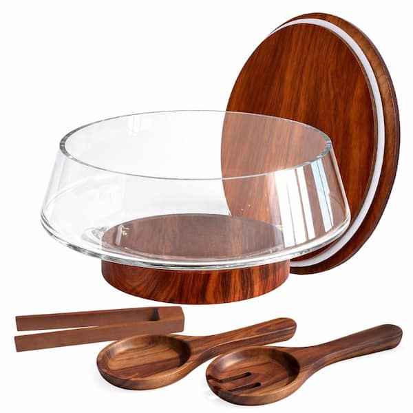 Extra Large 5-Qt Glass Salad and Serving Bowl with Acacia Wood Base and Servers, 11.4 x 5.7 in Set, (160