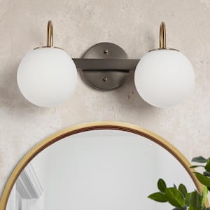 16.1 in. Modern Brushed Gunmetal Grey Bathroom Vanity Light 2-Light Brass Wall Sconce with Milky White Glass Globes