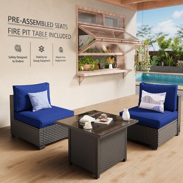2-Piece Blue Wicker Patio Rectangle Fire Pit Conversation Set