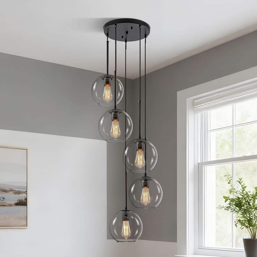 18 in. 5-Light Modern Black Globe Pendant Light with Clear Glass Shades for Kitchen Island, Dining Room, or Stairwell price history on PriceWatchPro